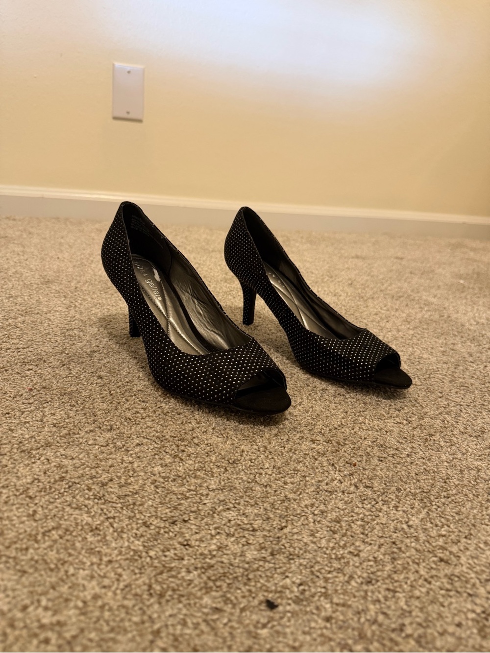 ANDREW GELLER Black Peep-Toe Heels with Rhinestone Detail